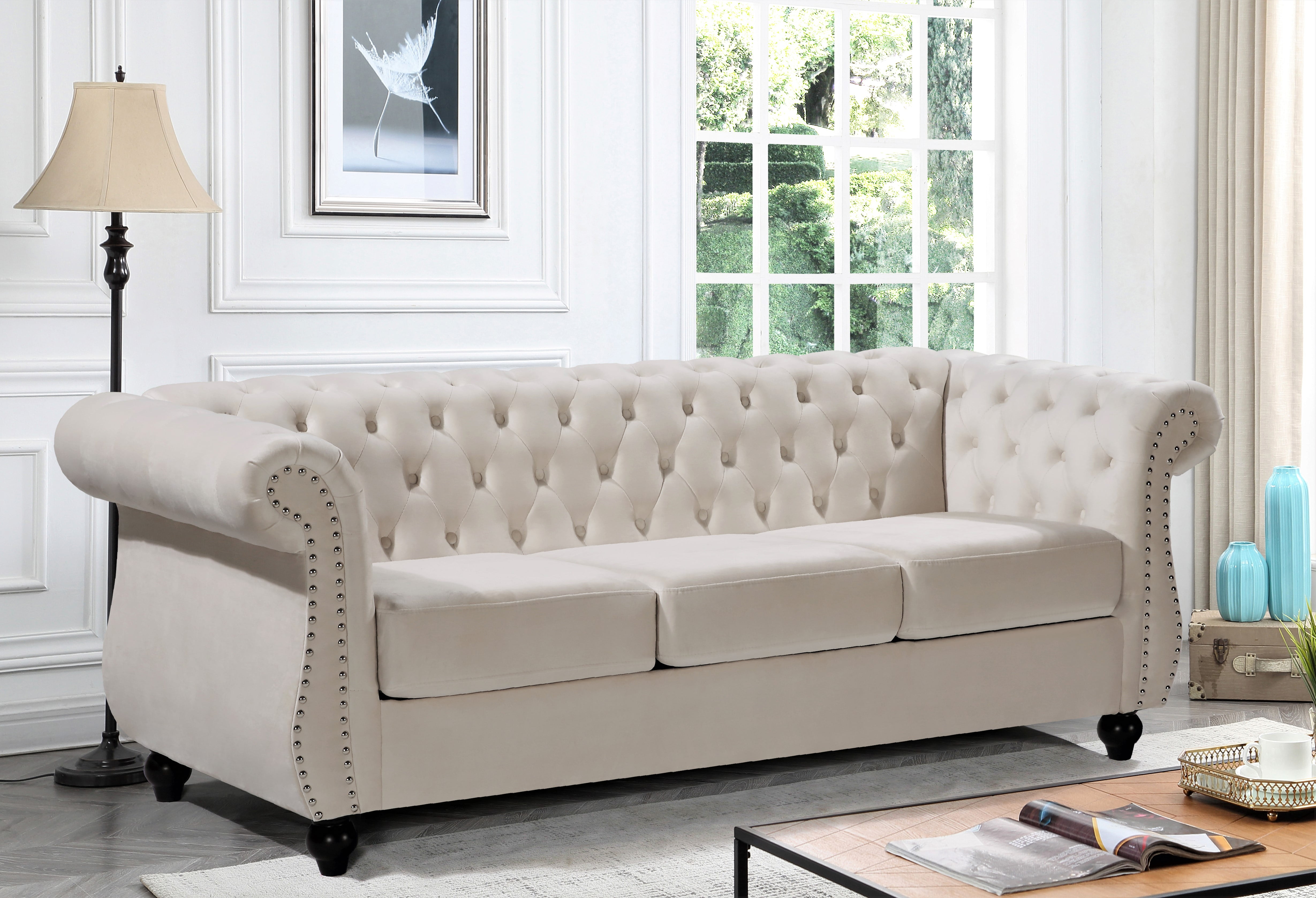 Uspridefurniture Fender 82.6'' Velvet Rolled Arm Sofa,Beige