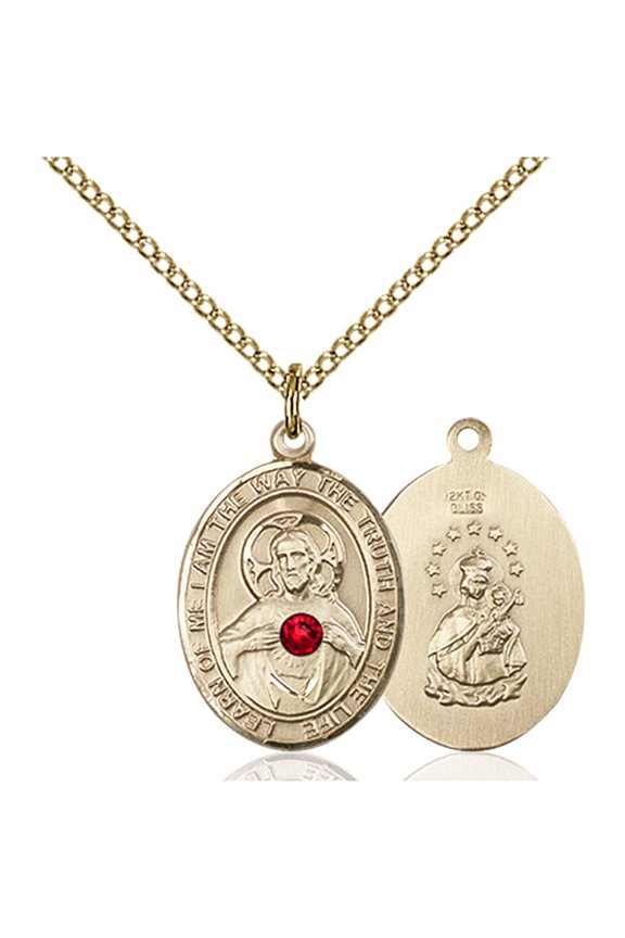 Gold Filled Scapular Pendant with 3mm July Red Swarovski Crystal 3/4 x 1/2 inches with Gold Filled Lite Curb Chain
