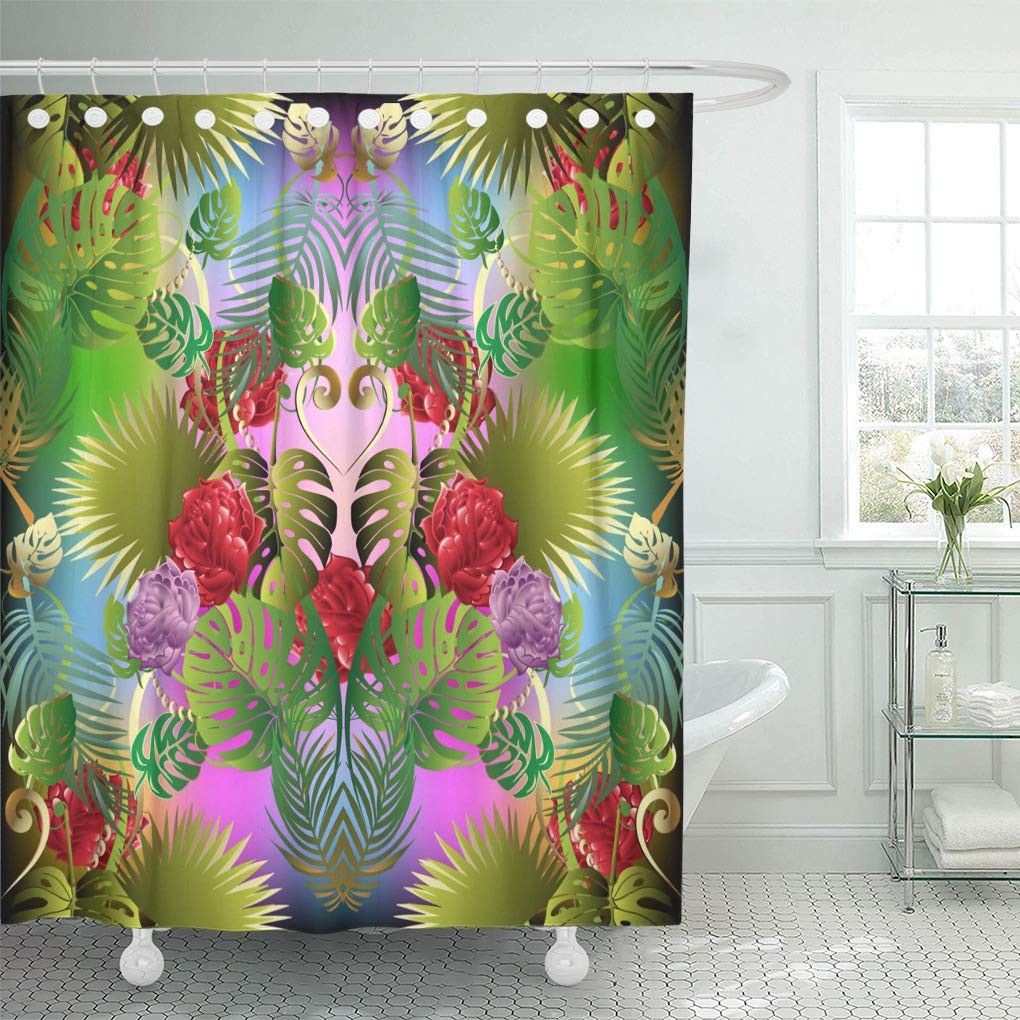 PKNMT Colorful Floral Tropic Flowers and Palm Leaves Vintage Bright Abstract Tropical Bathroom