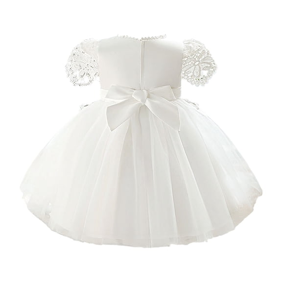 Rggeeun Baby Girls Dress Solid Color Hollow Out Design Short Sleeve Crew Neck Floral Embroidery Knee Length With Pleated Ruffle Trim For Everyday Wear Delicate Sundress,White,12-24 Months