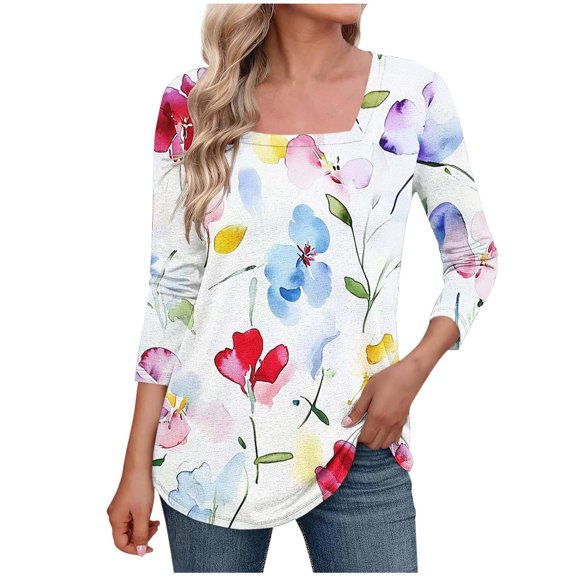 MaFYtyTPR Women Casual Loose 3/4 Sleeve Blouse Fashion Printing Square Neck Three-Quarters Sleeved Comfy Versatile Tops