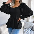 thumbnail image 4 of Women'S Long Sleeve Square Neck Lantern Shirred Ruffle Hem Smocked Peplum Babydoll Blouse Shirt Top Black S, 4 of 7