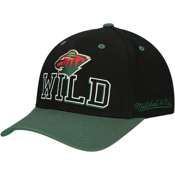 Men's Mitchell & Ness Black/Green Minnesota Wild Backside Script 2-Tone Pro Crown Adjustable Hat