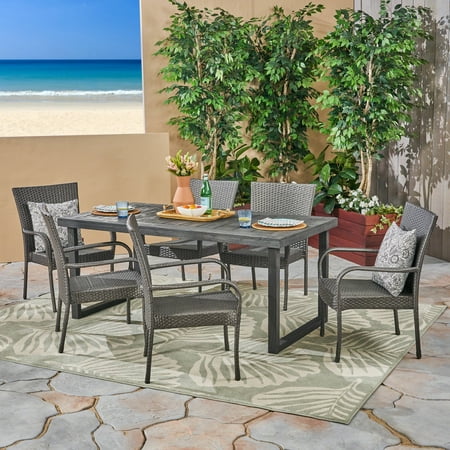 Lisa Outdoor 7 Piece Acacia Wood Dining Set with Stacking Wicker Chairs Sandblast Dark Grey Gray