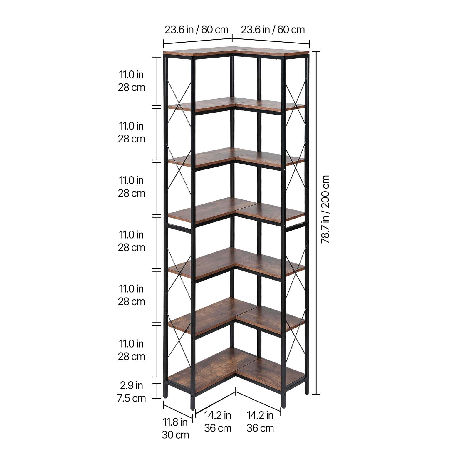 KFFKFF 7-Tier Corner Bookshelf, 79" Tall Bookcase with Sturdy Metal Frame & Wooden Shelves, Industrial Reversible L-Shaped Display Shelf for Bedroom, Living Room, Office