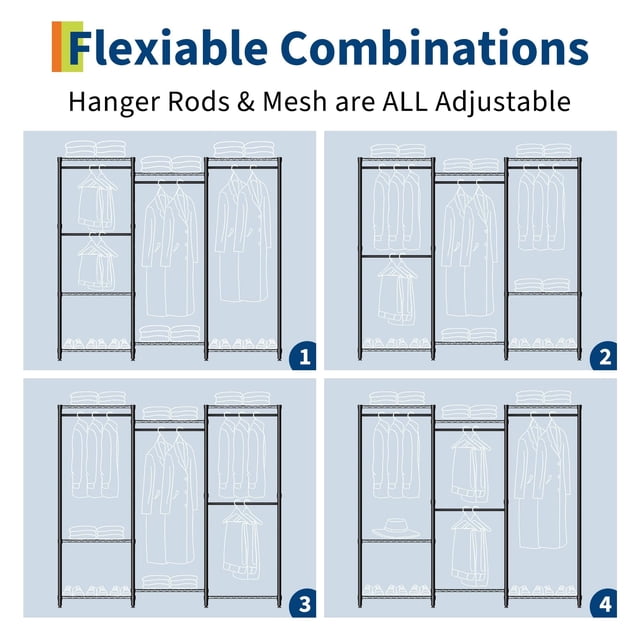 Heavy Duty Freestanding Garment Rack - 1630 lbs Capacity Clothes Organizer - 4 Hanging Rods & Adjustable Shelves - Portable Metal Wardrobe Closet System - 3 Combinations (2x3x2 Floors)