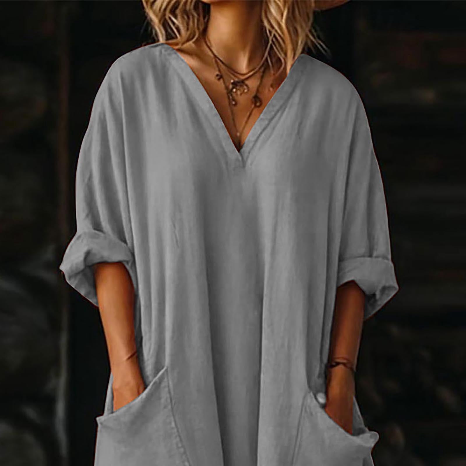Dresses for Women, Womens Casual Loose Cotton Linen Long Shirt Dress, V-Neck Cuffed Sleeve Side Split Dresses with Pockets