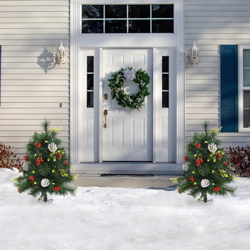 Alvantor Outdoor Christmas Trees Set of 2 Pre-Lit with 24 LED Lights & Stakes 13"x13"x24" Green