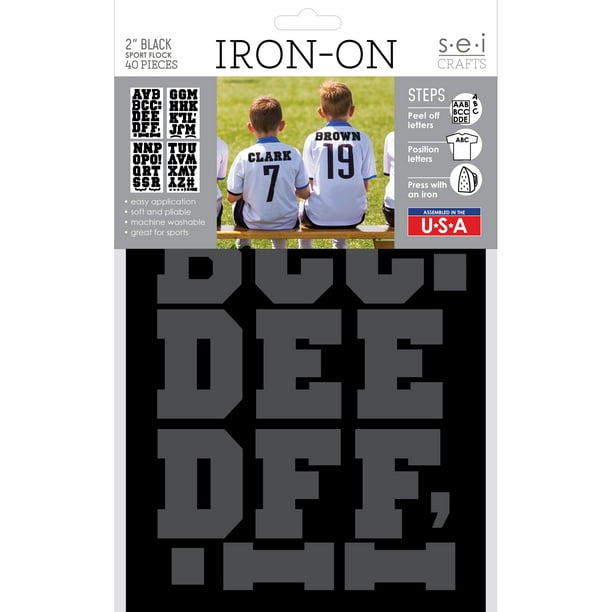 SEI 2 Inch Ironon Tshirt Letters, Sport Letter Flock Heat Transfers, Black