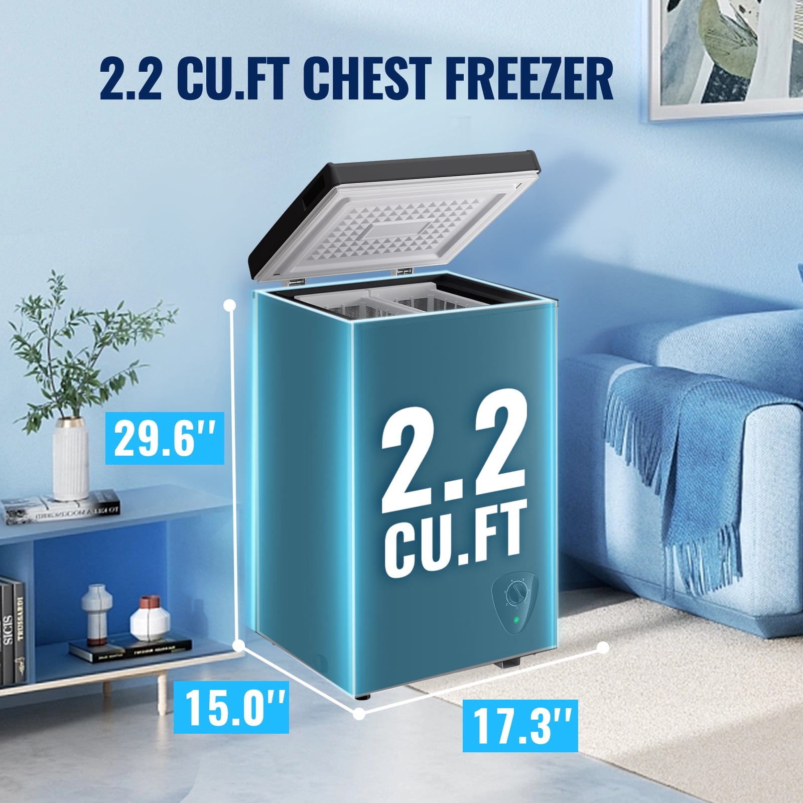 2.2 Cu.ft Chest Mini Freezer  Deep Freezer for Bulk Storage Top Open Door 2 Removable Baskets 7 Modes Temperature for Home Apartment Kitchen Black
