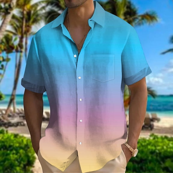Mens Gradient Shirts Casual Button Down Short Sleeve Beach Summer Shirts