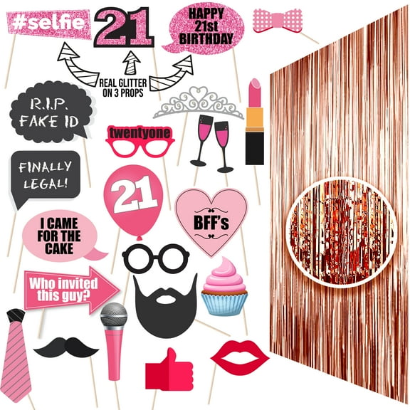 24 Piece Photo Props&Backdrop Happy 21st Birthday Decorations For Her, 21st Birthday Gifts For Her, 21st Birthday Cake Topper, 21st Birthday Sash And Tiara, 21 Birthday Decorations For Women, 21 Sash