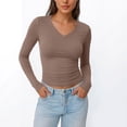 thumbnail image 5 of Nestiefly Long Sleeve Shirts for Women Fall Fashion V Neck Crop Tops Soft Stretchy Thermal Base Layer Undershirt Light Brown L, 5 of 6