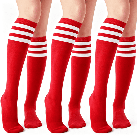 OQRKI Women'S Knee High Athletic Socks Stripe Tube Outdoor Sport Socks 1-3 Pairs Red Socks
