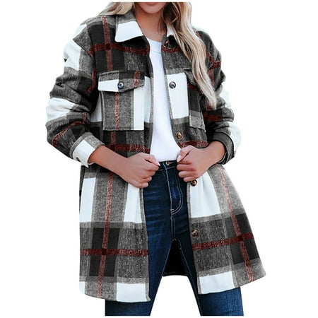 

Fashion Women s Long Sleeve Plaid Print Open Front Shirt Loose Casual Pocket Jacket Loose Outerwear Blouse Coat Tops Button Pockets Blouse