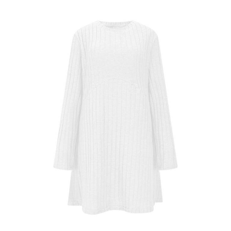 aohooy Plus Size Sweater Dress for Curvy Women Ribbed Knit Long Sleeve  Dresses Empire Waist Crewneck Winter Knee Length A Line Dress with Pockets  White,L