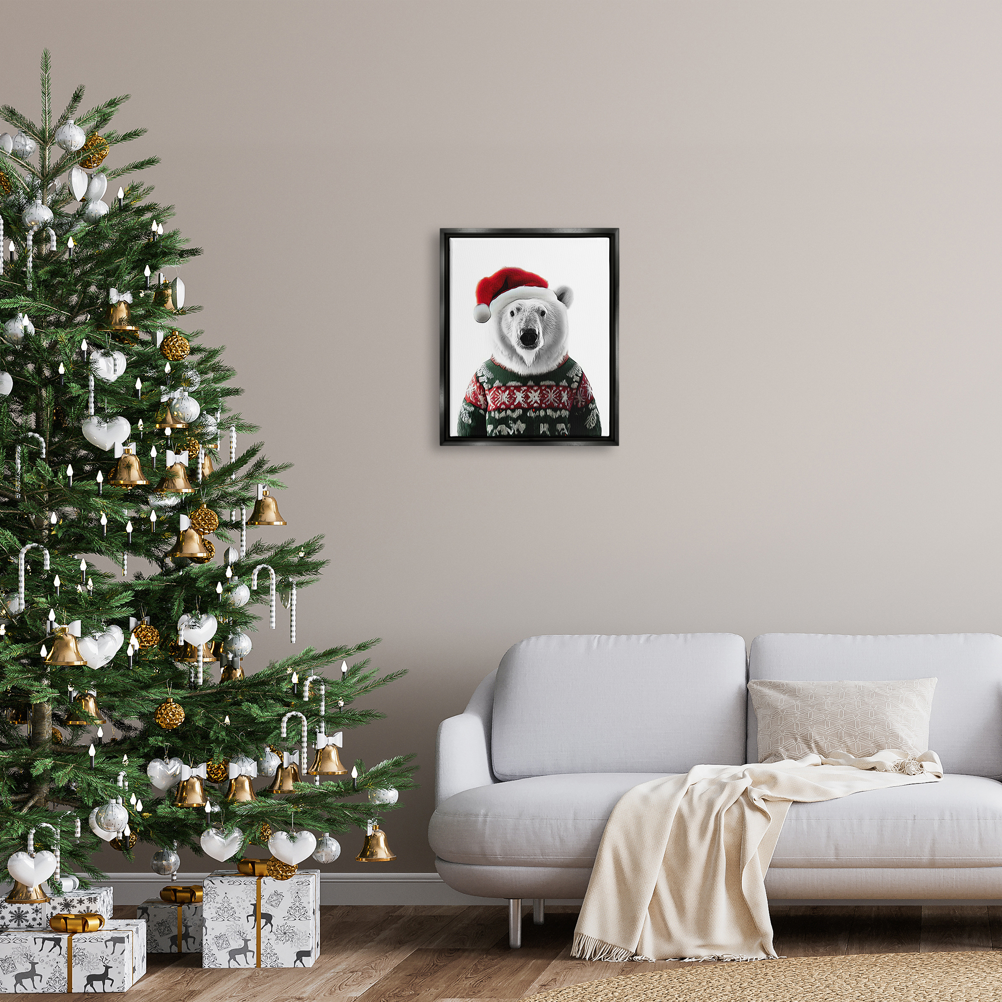 Stupell Industries Bear in Holiday Sweater Holiday Painting Black Floater Framed Canvas Art Print Wall Art, 17 x 21