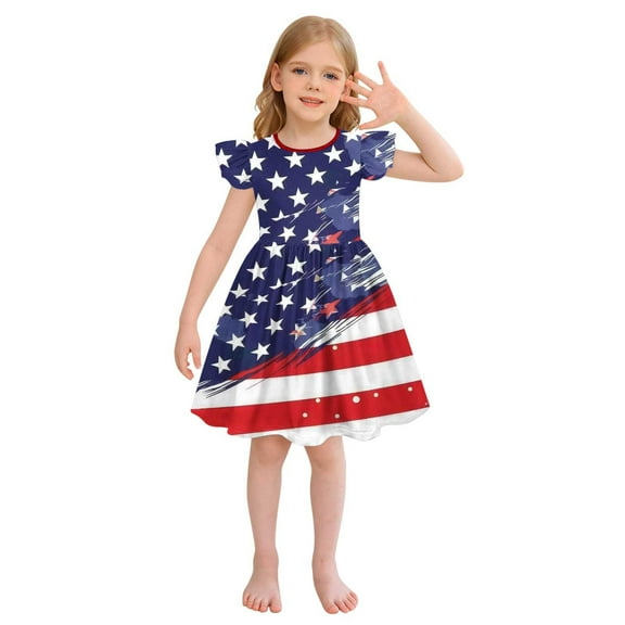 Ugoldhm Fourth of July Print Girls Dresses Loose Pleated Sleeveless Sundress Summer Outfits 3-10 Years