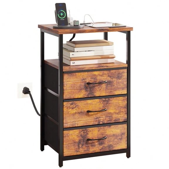 Nightstand with Charging Station, Bedside Table Equipped with USB Ports & Power Outlets, 3 Non‑Woven Fabric Drawers, Bedroom Home Decor Furniture