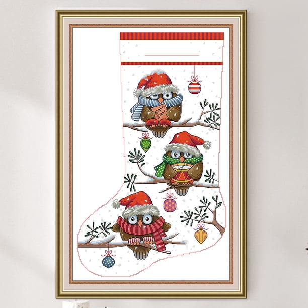 Cuadros Decorativos Bordado completo Hilo de algodón ecológico 16CT Impreso Búho Calcetín Kit de punto de cruz DQrwqpou embutido en tela