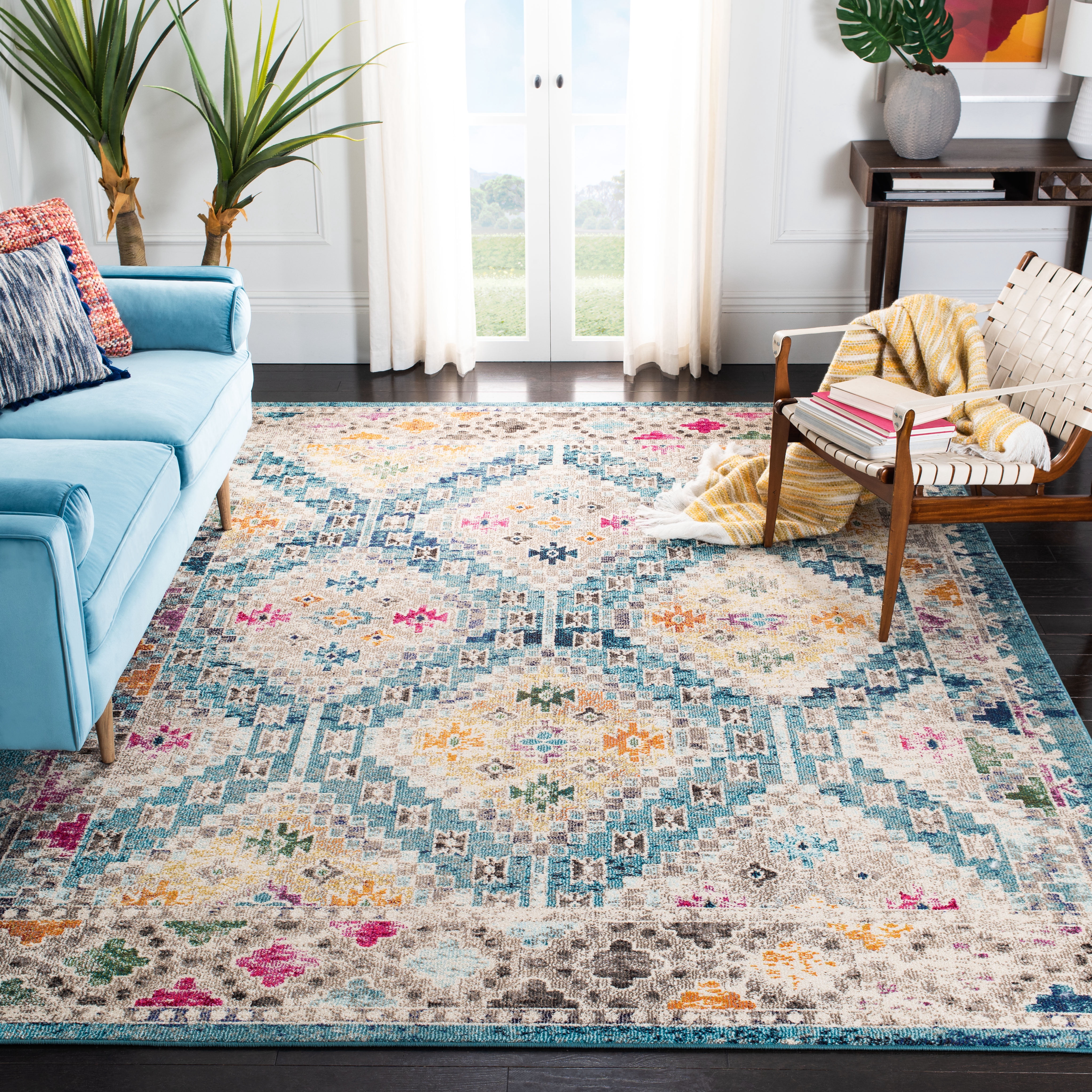 SAFAVIEH Madison Lanford Southwestern Area Rug, Dark Blue/Yellow, 9' x 12'