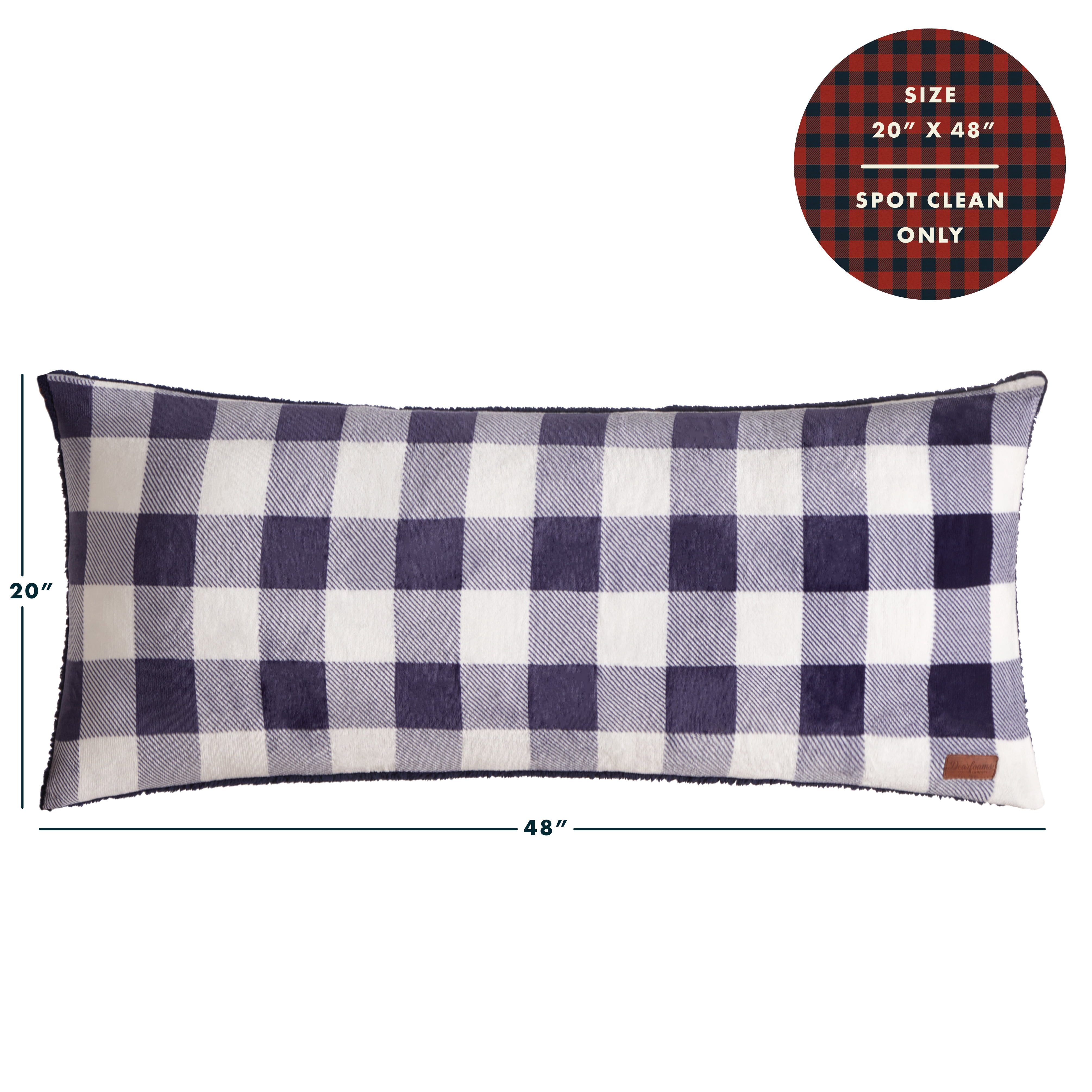 Dearfoams Royal Plush Reverse to Super Soft Sherpa Body Pillow, 20" x 48", Navy White Check, Polyester Fill