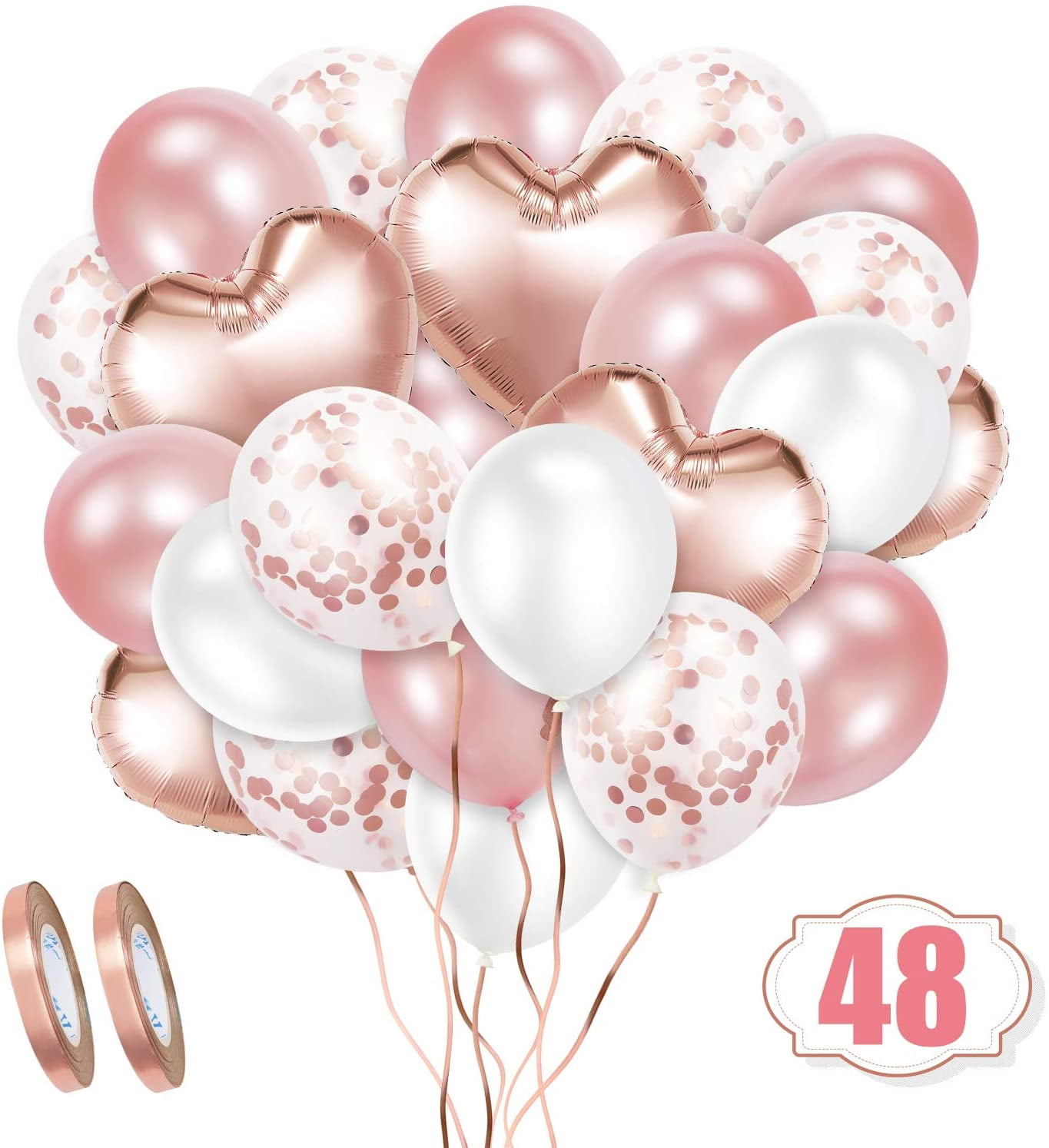 2 White Ribbon Premium  Romantic Rose Gold Balloons Pack 15 Confetti 15 Solid 