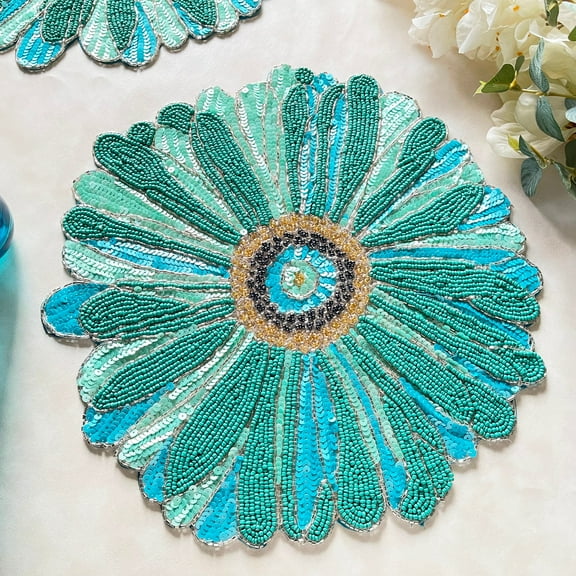 Set of 6, Handmade beaded placemat, floral tablemat, 14 inch, charger plate