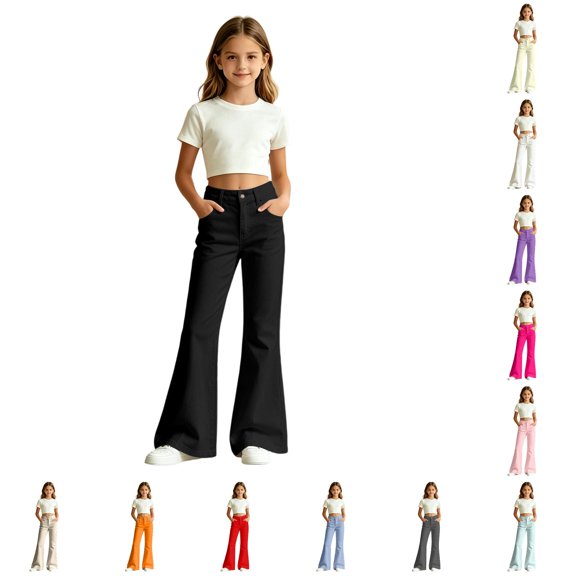 Ticikt Girls Solid Color Flared Pants, High Waist Double Pockets Stretch Bootcut Trousers Casual Kids Bell Bottom Daily Pants,Black