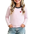 thumbnail image 2 of Kids Striped Long Sleeve Tee Crew Neck Soft Pullover, Boys Girls Heart Embroidery Relaxed Fit Shirt for Fall Casual School Daily Wear 7-8Y, 2 of 6