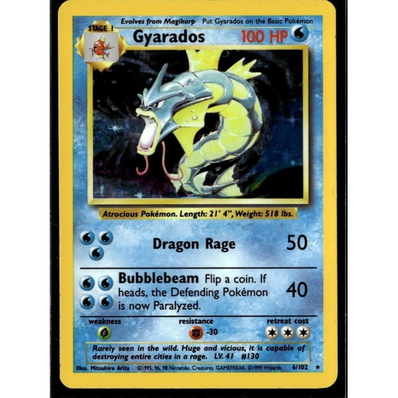 1999 Base Set Gyarados Holo Rare #6/102 English Pokemon Card