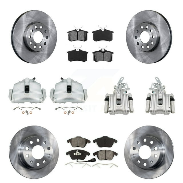 Transit Auto Front Rear Disc Brake Caliper Rotors and Semi-Metallic Pads Kit (10Pc) for Car 2014-2015 Volkswagen Beetle Sportline with 2.0L GAS engine with 253mm Diameter Rotor KC8-100983S