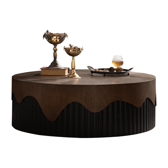 39" Round Wood Coffee Table, Handcraft Drum Fluted Accent Tea Table, Contemporary Center Table with Sturdy Pedestal for Living Room, Walnut