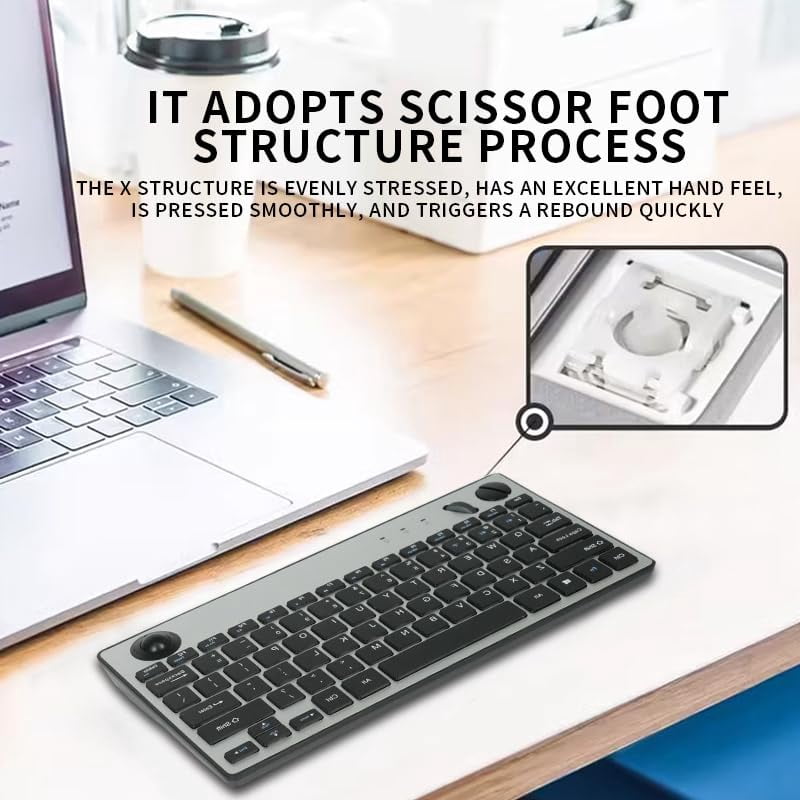 Compact Travel Keyboard with Mouse Functionality, Multi-Device Connection, Bluetooth 5.0 & 2.4G Wireless Plug and Play, Direction Trackball, Mouse Scroll Wheel, Left & Right Mouse Buttons