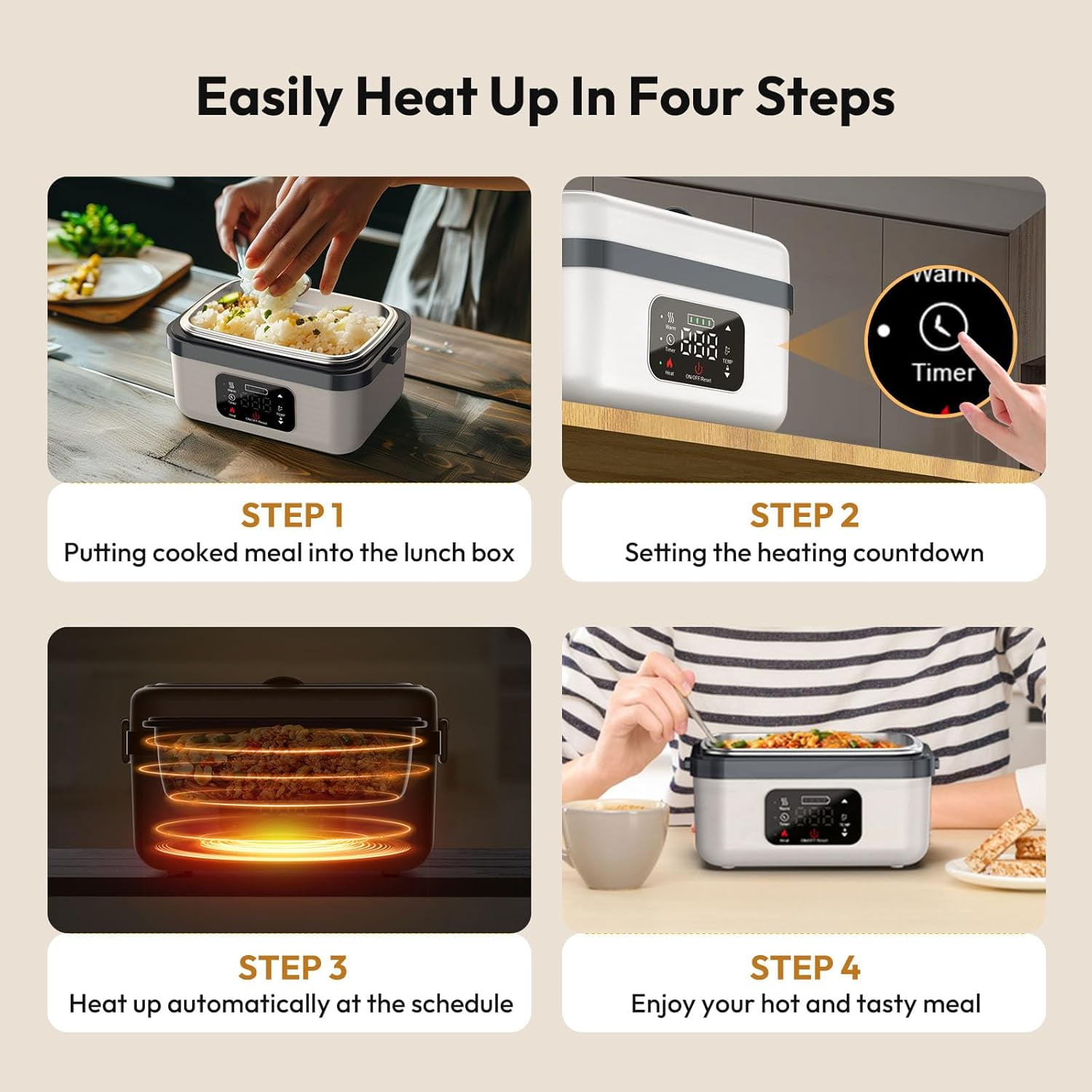Cordless Electric Heated Lunch Box for Adults Men Women, Rechargeable Self Heating Battery Powered Food Warmer with 1L Container Fork Spoon and Insulated Carry Bag for Car Truck Travel Office(White)