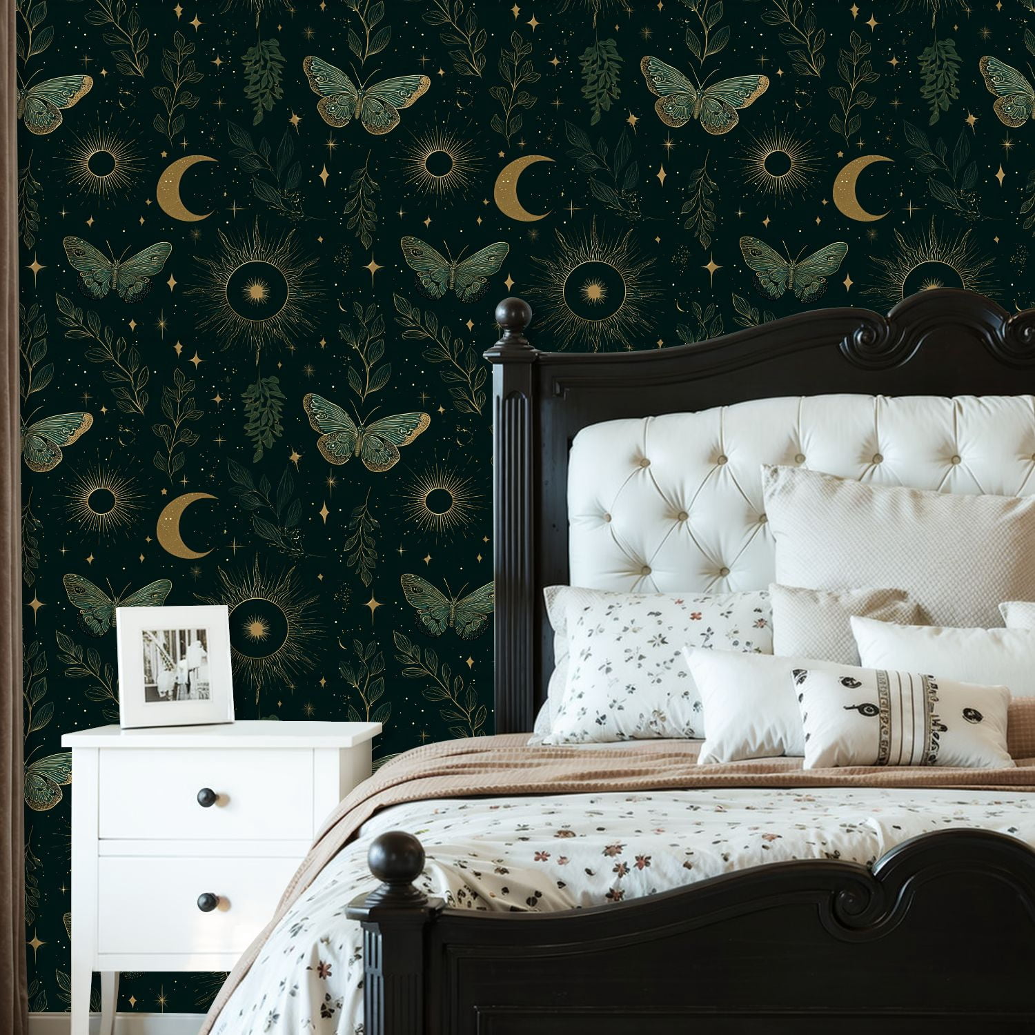 Peel and Stick Wallpaper 23.6in x 9.8ft Butterflies Floral Moon Phases Gold Accents Contact Paper Vinyl Waterproof Self Adhesive Wall Paper for Bedroom Shelf Cabinet Renter Friendly