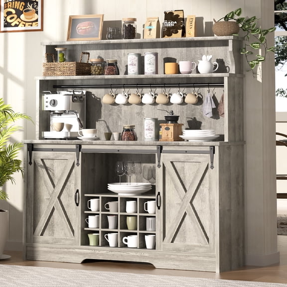 55'' Farmhouse Coffee Bar Cabinet with 3 Tier Storage Hutch, Coffee Bar Station with Sliding Barn Door, Hutch Storage Cabinet with 12 Wine Racks & 9 Hooks for Kitchen Dining Living Room
