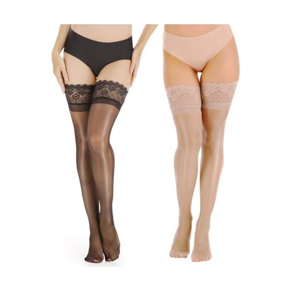 Chenchen Nylon Shiny Thigh High Stockings,Ultra Shimmery Lace Silicone Sheer Tights,Stay Up lingerie Pantyhose for Women