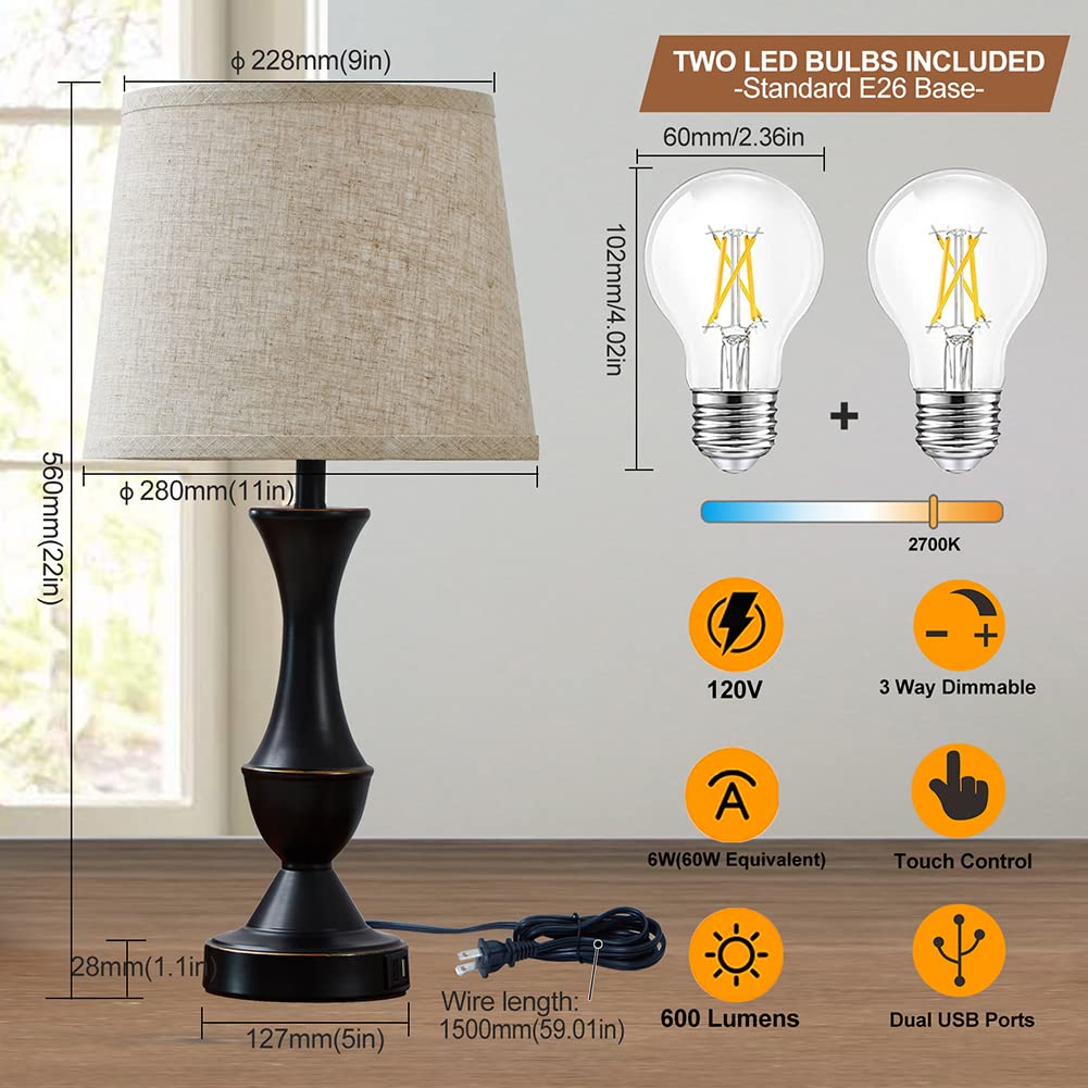 NATYSWAN 22" Touch Table Lamps Set of 2, Bedside Lamps with USB Ports photo 8