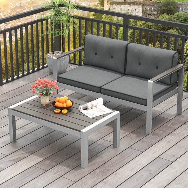 Costway Ensemble de Canapé en Aluminium pour Patio 2 Pcs Table Basse Canapé avec Accoudoirs en WPC