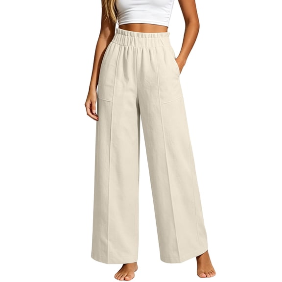 Guluxicc Women's Linen Pants with Pockets Elastic Waist Loose Everyday Wear Pants for Summer Casual Outfits