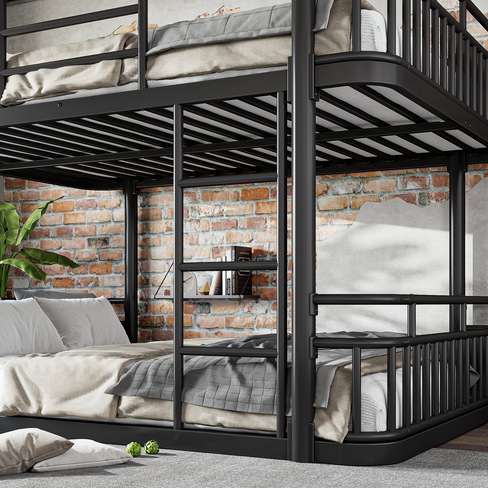 Leumius Queen over Queen Bunk Bed Frame with Ladders & Guardrails, Upgraded Round-Pipe Metal Frame, Stylish & Versatile for Any Room,Black