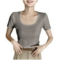 thumbnail image 5 of Fashion Olyvenn Women's Short Sleeve Scoop Neck T-Shirt Slim Fit Ribbed Knit Casual Tops Summer Basic Fitted Blouse Army Green L, 5 of 5