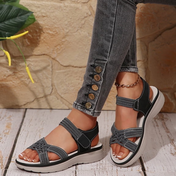 Bkhluea Women Woven Strap Sandals Wedge Platform Slide Shoes Summer Casual Daily Walking Beach Vacation Shopping Stylish Non Slip Flexible