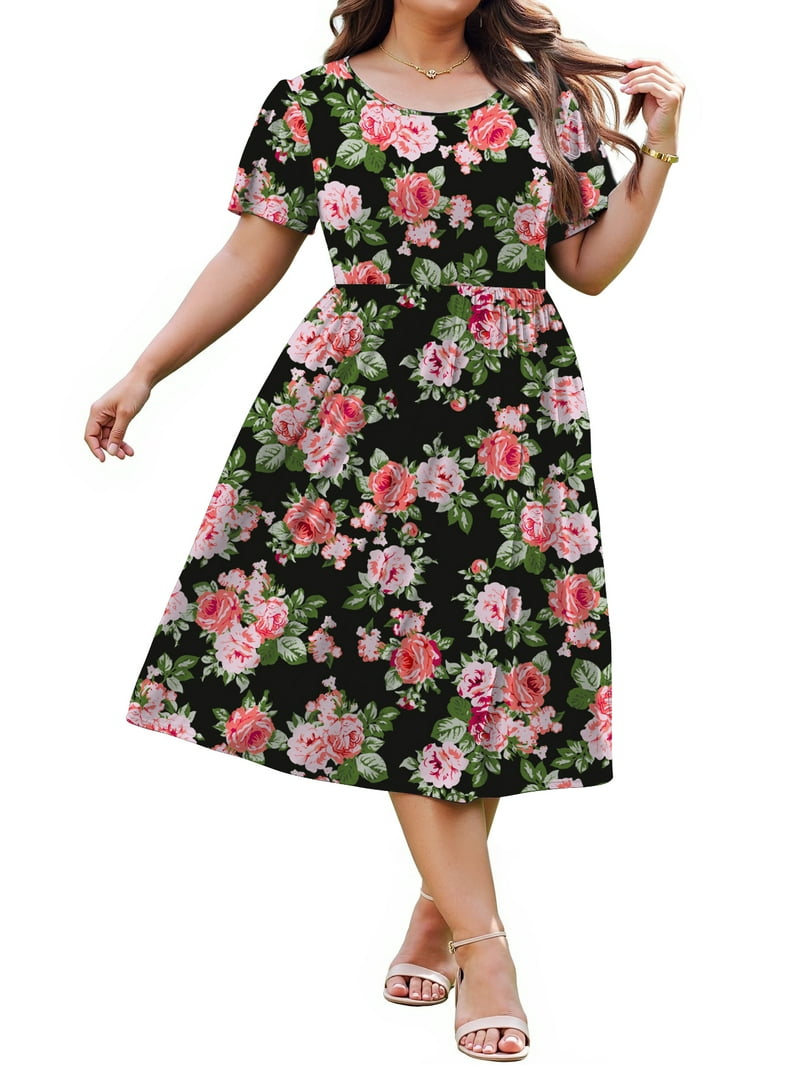 WellSize Plus Size Summer Dresses, Casual Crew Neck Short Sleeve Floral Midi  Dress with Pockets - Walmart.com