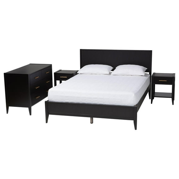 Baxton Studio Primrose Black Fluted Wood Queen Size 4-Piece Bedroom Set