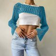 thumbnail image 2 of Ltctricy Women's Crochet Crop Tops Long Sleeve Boat Neck Hollow out See Through Cover Ups Knit Shrug Sweaters(Blue,Large), 2 of 5