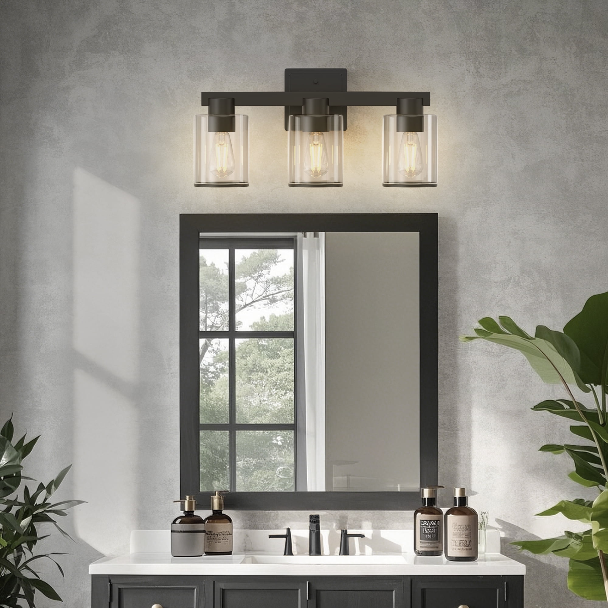 YANSUN 17.7in 3-Light Industrial Vanity Light with Clear Glass Shades, Black Bathroom Wall Sconce for Mirror, Bedroom & Living Room