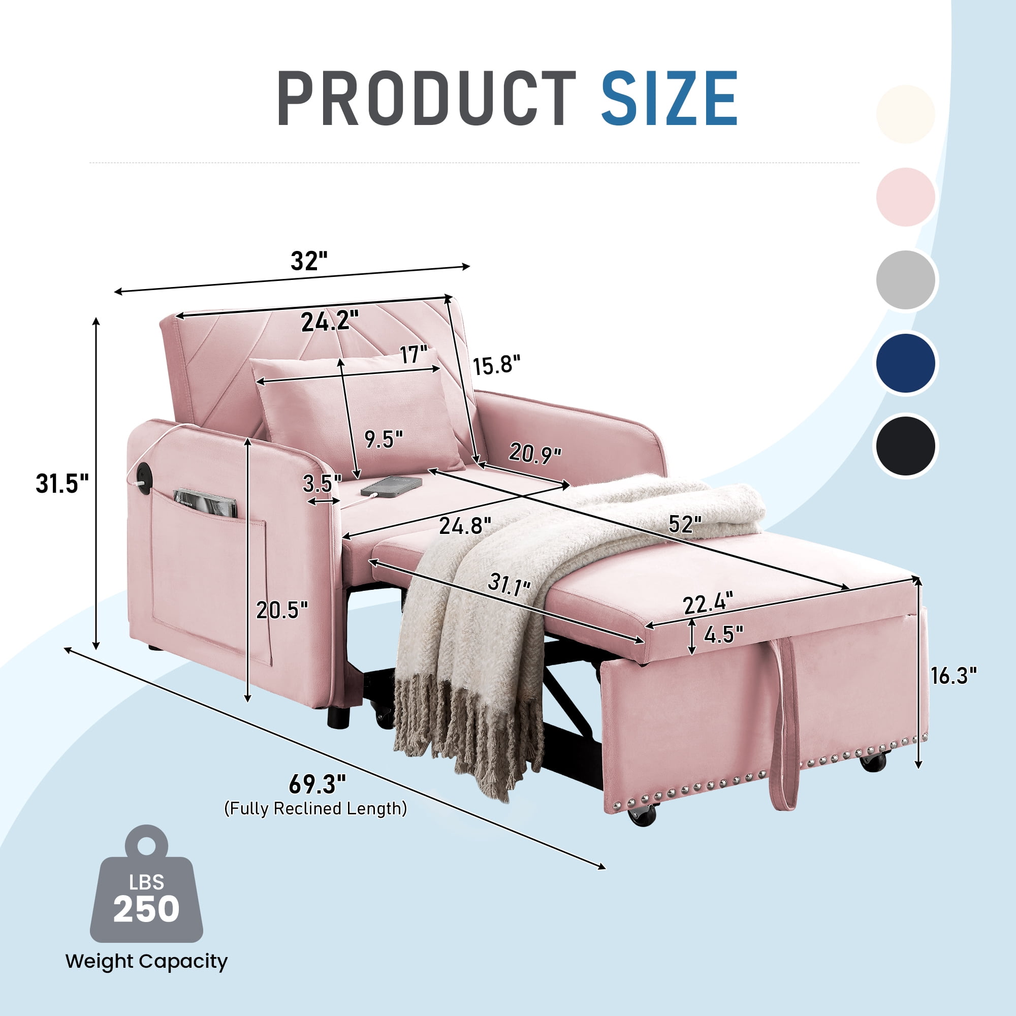 Lunale 3-in-1 Convertible Sleeper Chair Bed, Indoor Lounge Chair with USB/Type-C, Pink Velvet