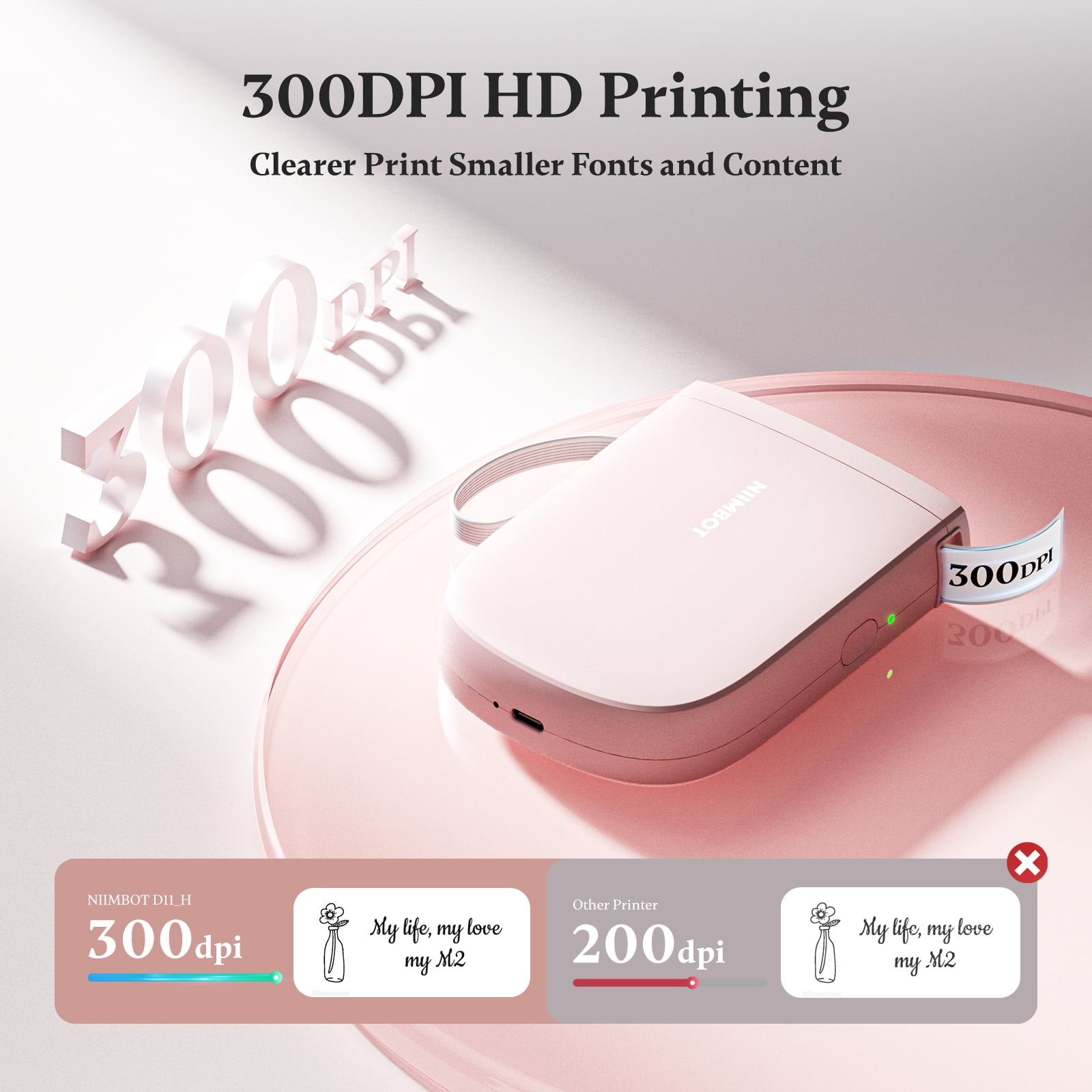 NIIMBOT D11 Upgraded HD 300 dpi Label Maker Mini Bluetooth Wireless Label Printer Inkless Labeler Rechargeable（Pink)